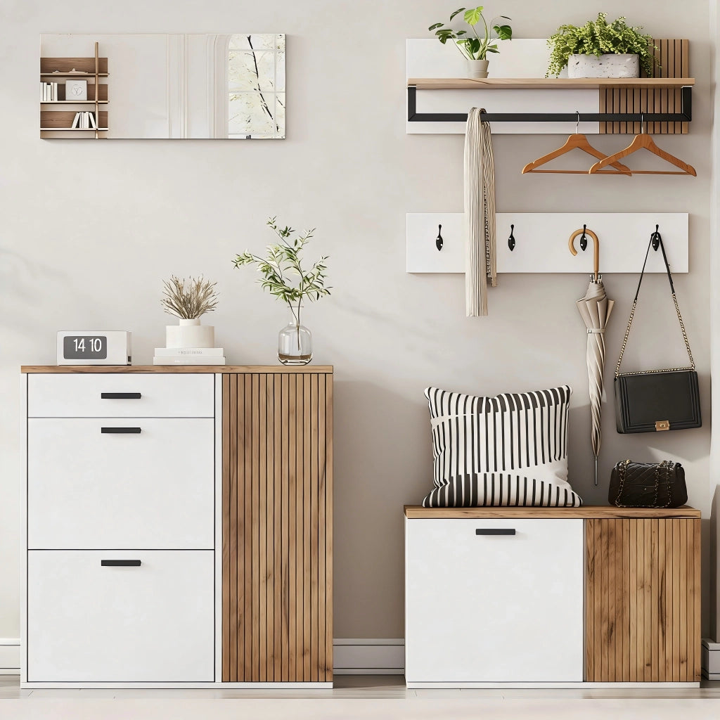 Composizione ingresso 5 pezzi con scarpiera; panca; specchio e 4 ganci; bianco e rovere