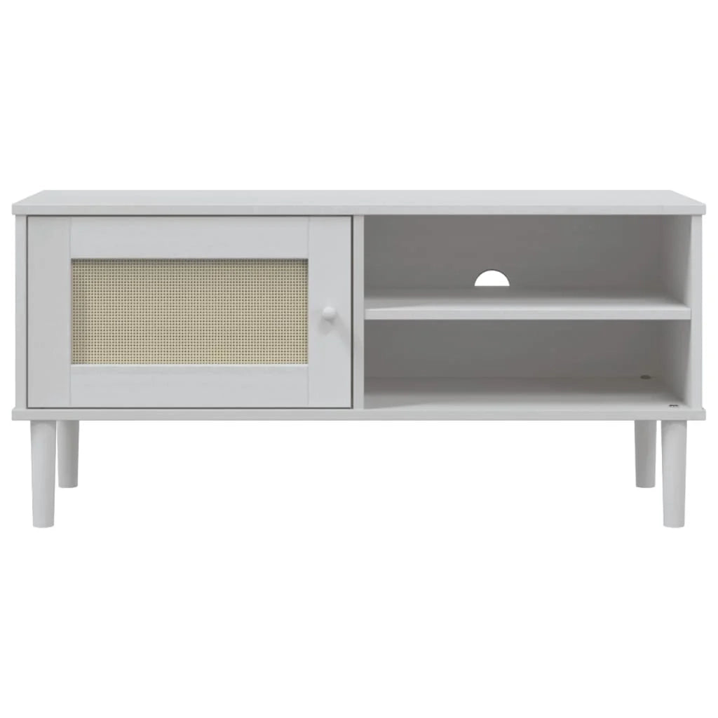 Mobile TV multimediale scaffale TV credenza TV sala da pranzo soggiorno camera da letto effetto rattan 106 x 40 x 49 cm legno massello di pino bianco 02_0028312