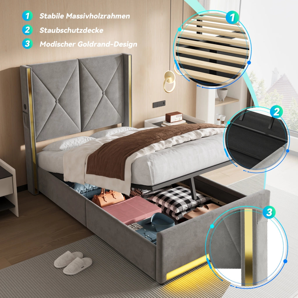 LETTO Contenitore 90x200 cm in velluto grigio scuro con USB, LED e tasche laterali