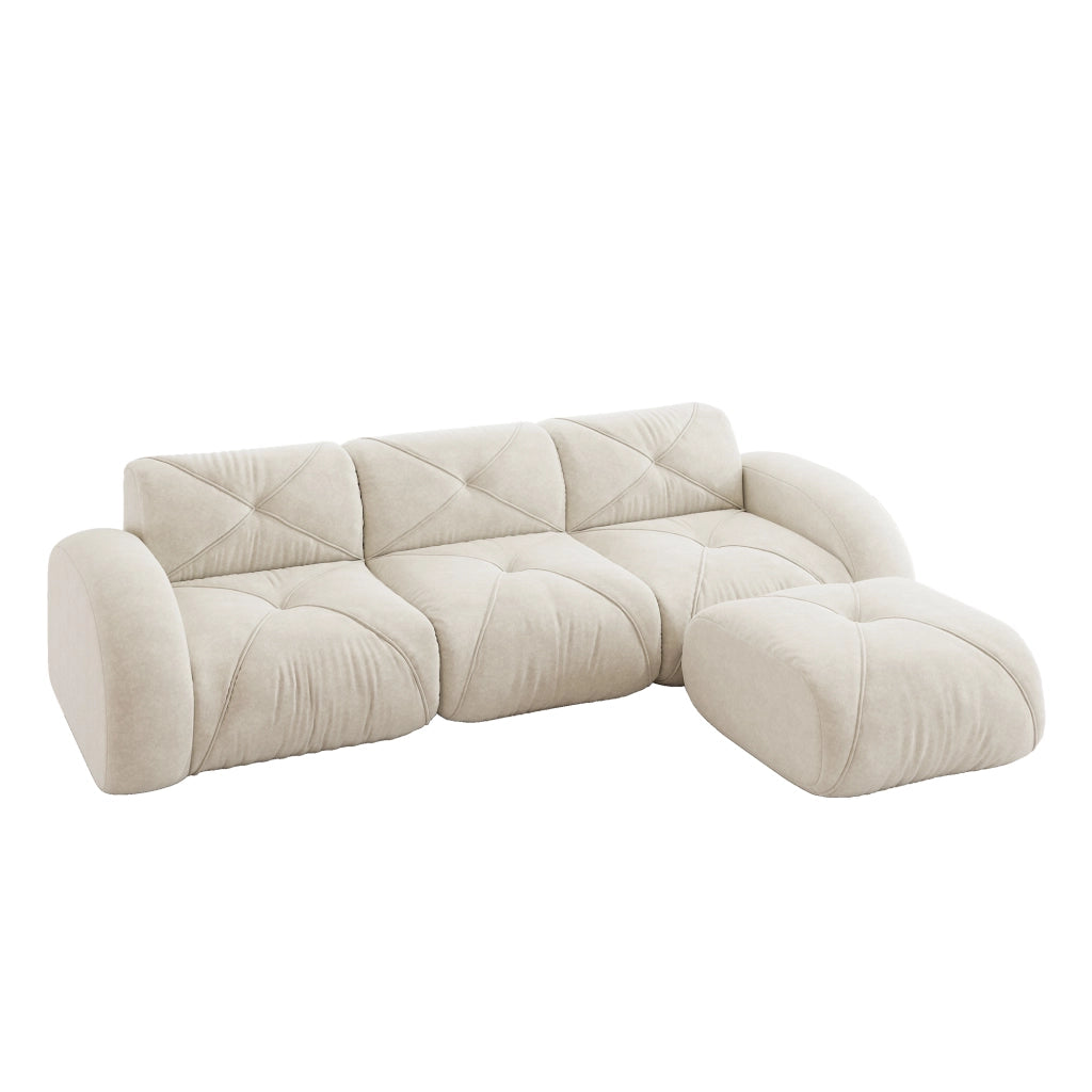 Divano modulare angolare senza montaggio per soggiorno con poggiapiedi in ciniglia beige chiaro 281 × 171 × 76 cm