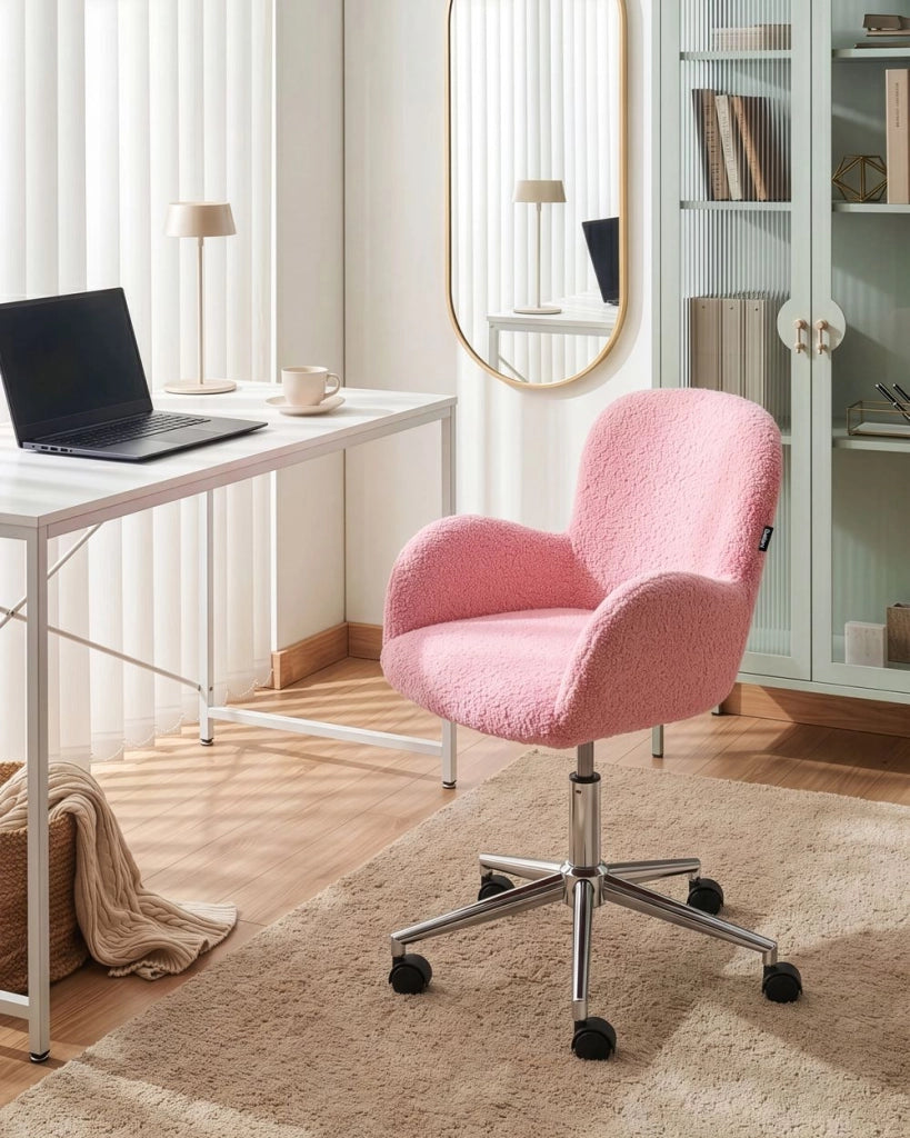 Sedia da ufficio girevole con altezza regolabile in tessuto boucle rosa stile moderno retrò ufficio di casa