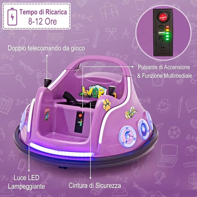 12V Autoscontro Elettrico per Bambini, Macchina Elettrica per Bambini con Design Girevole a 360° Telecomando Luci Musica, Macchina Cavalcabile per Bambini 37-96 Mesi (Viola)