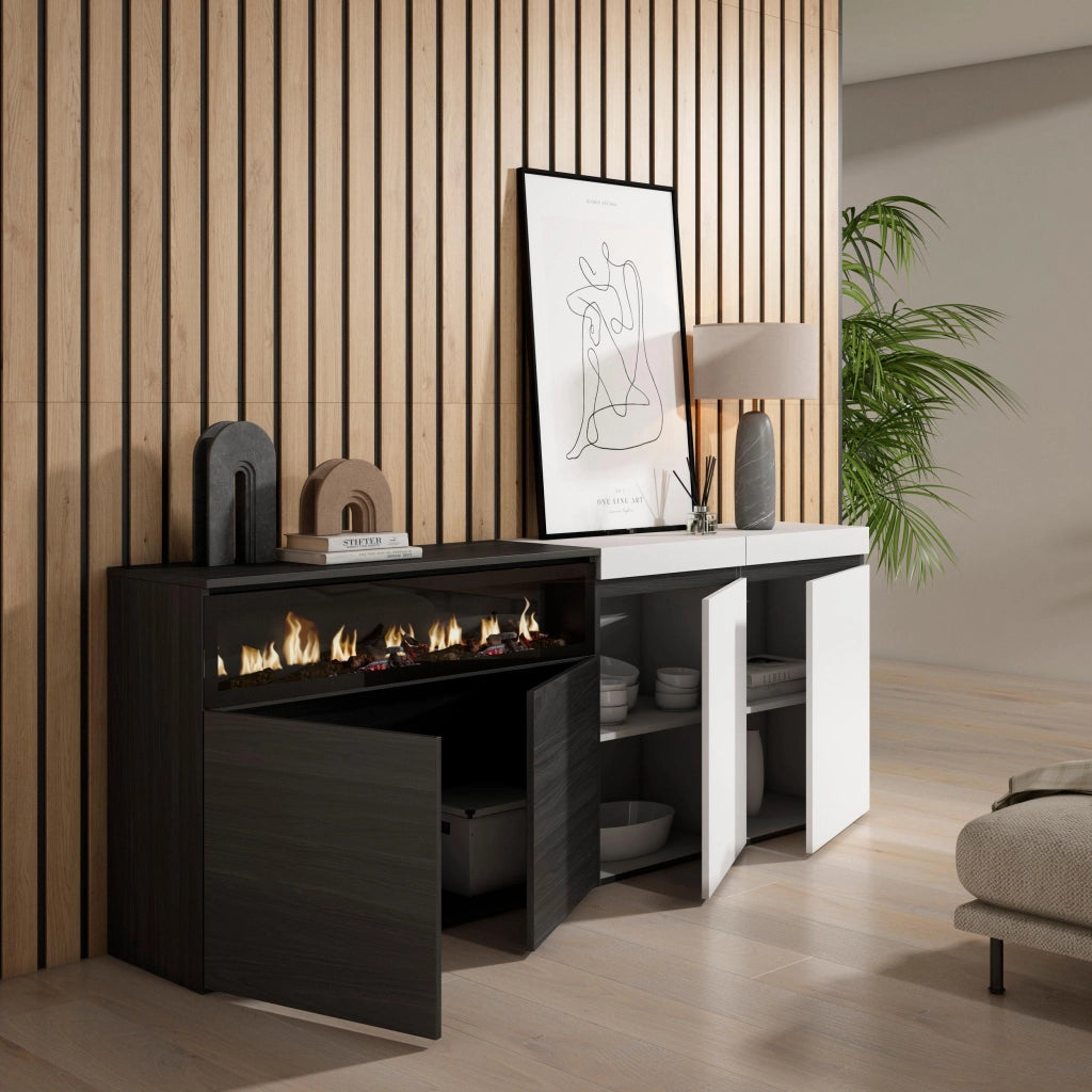 Credenza, Mobile, 200x35x75cm, 4 Porte, Camino elettrico, Bianco e nero RF2393