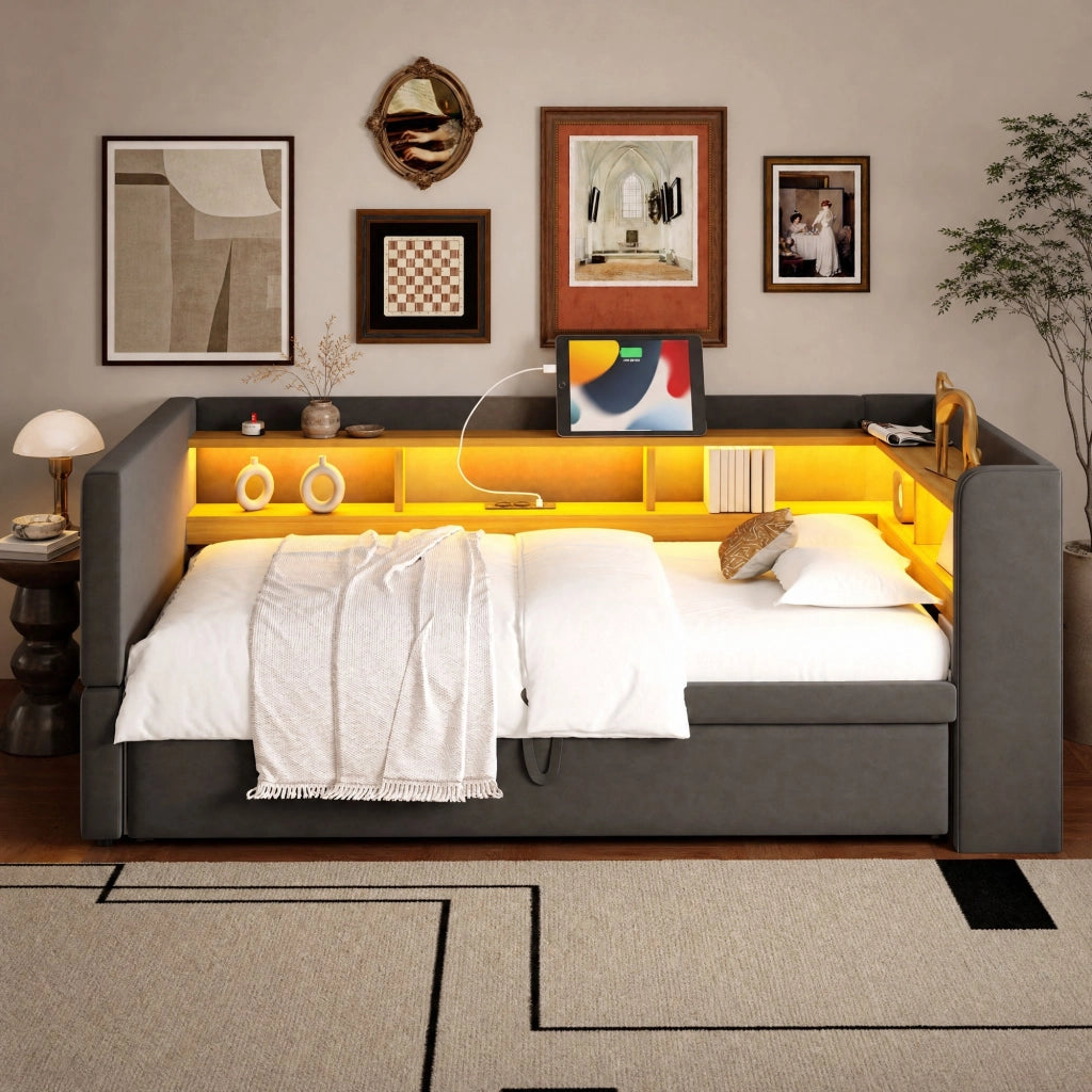 DESMIU Divano letto 90/180 × 190 cm 1 posto con LED, prese e vani, senza materasso, grigio scuro