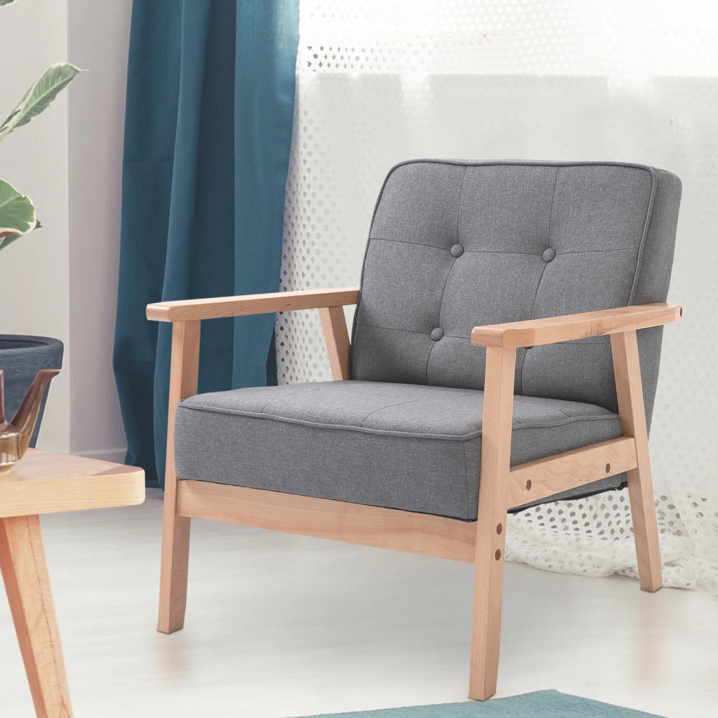 EasyComfort Poltrona Stile Scandinavo Imbottita e Trapuntata a Bottoni in Tessuto e Legno, 64.5x70x74cm, Grigio