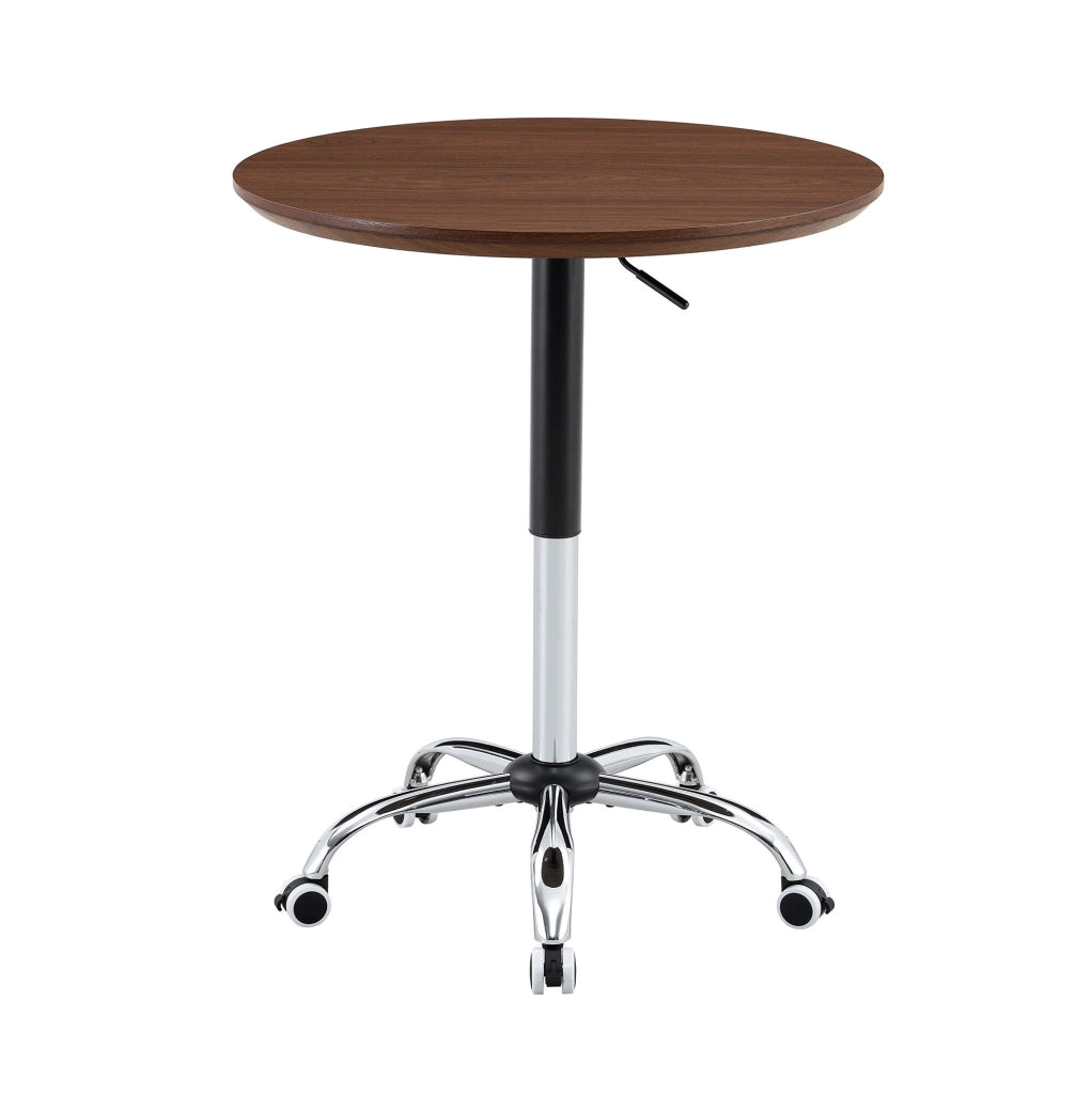 Tavolo rotondo regolabile in altezza con ruote; ? 70 cm; MDF e metallo; noce
