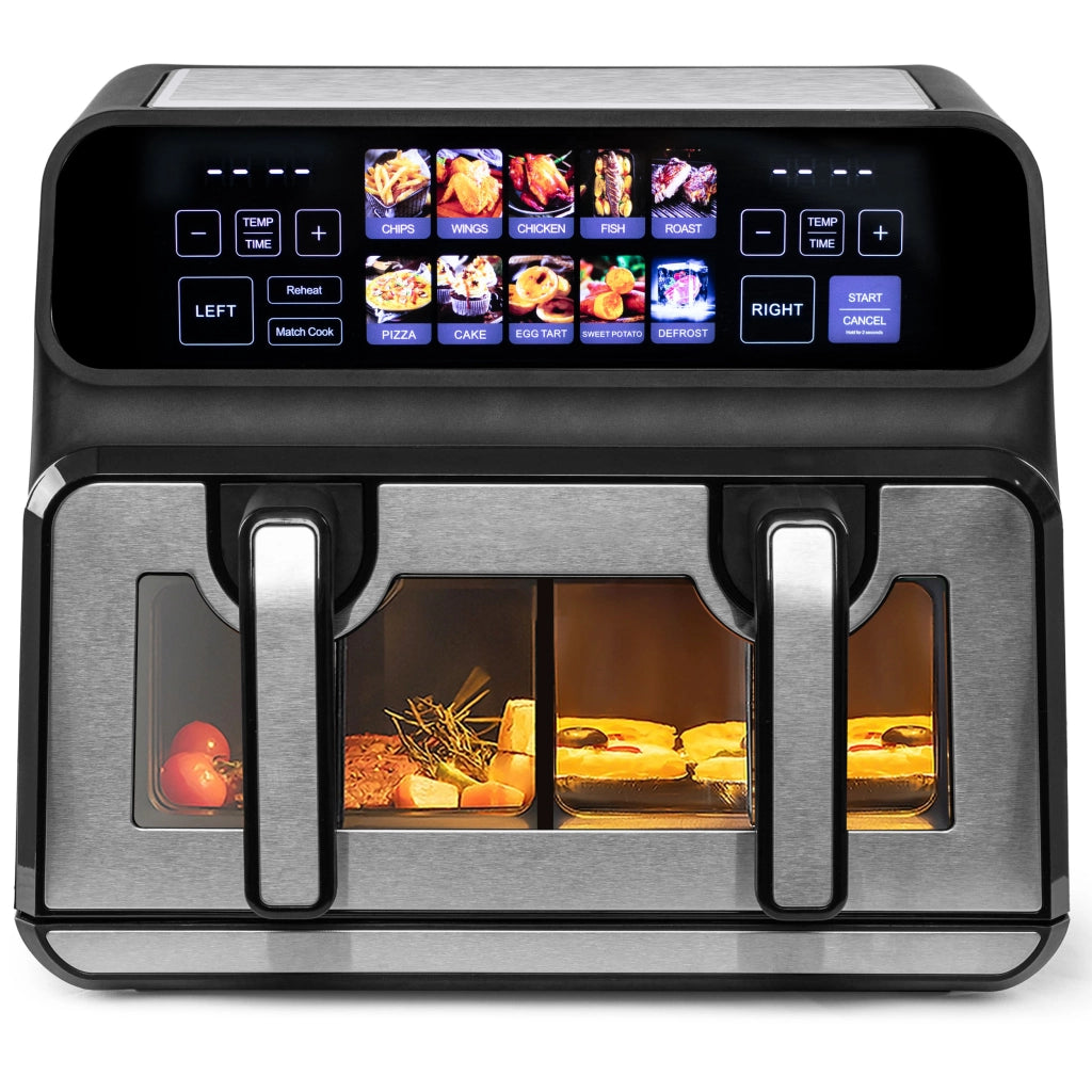 Friggitrice ad aria a doppia camera da 9 litri ¨C Potenza elevata di 2200 W, finestra di visualizzazione, display a LED a colori, cestelli singoli e do