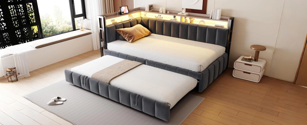 DESMIU Divano letto 90 × 200 cm 1 posto con LED regolabile, USB e Type-C, senza materasso, in velluto grigio