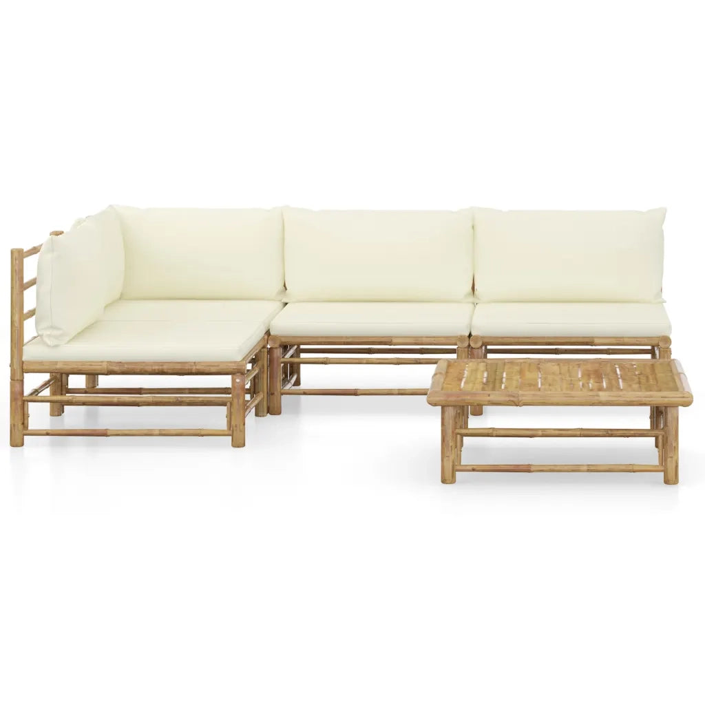 Set Salotto da Giardino 5pz con Cuscini Bianco Crema in Bambù 3058241