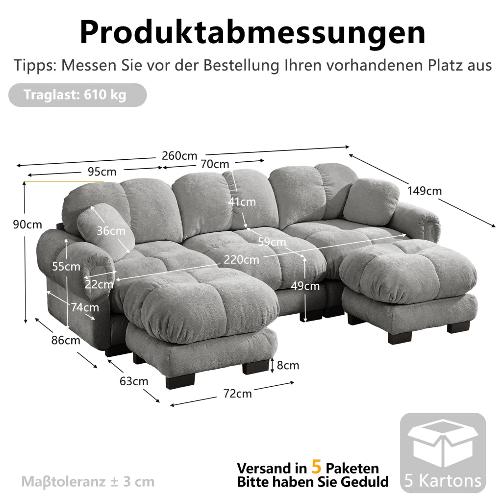 Divano a 3 posti a forma di U in tessuto Chenille grigio chiaro con ottomana mobile e 2 cuscini decorativi