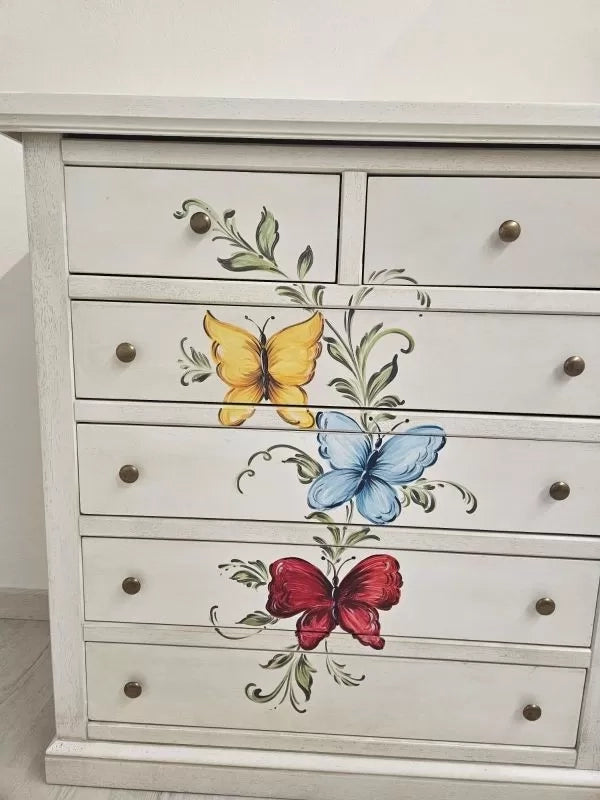 Cassettiera 6 cassetti in legno shabby bianco anticato decori farfalla 86x40x96 - Mobili 2G