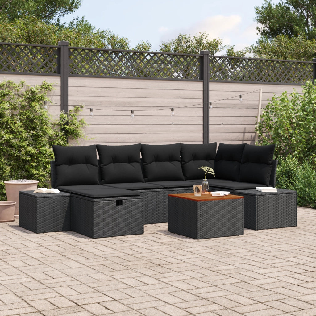Set Divano da Giardino 7 Pezzi con Cuscini Nero Polyrattan