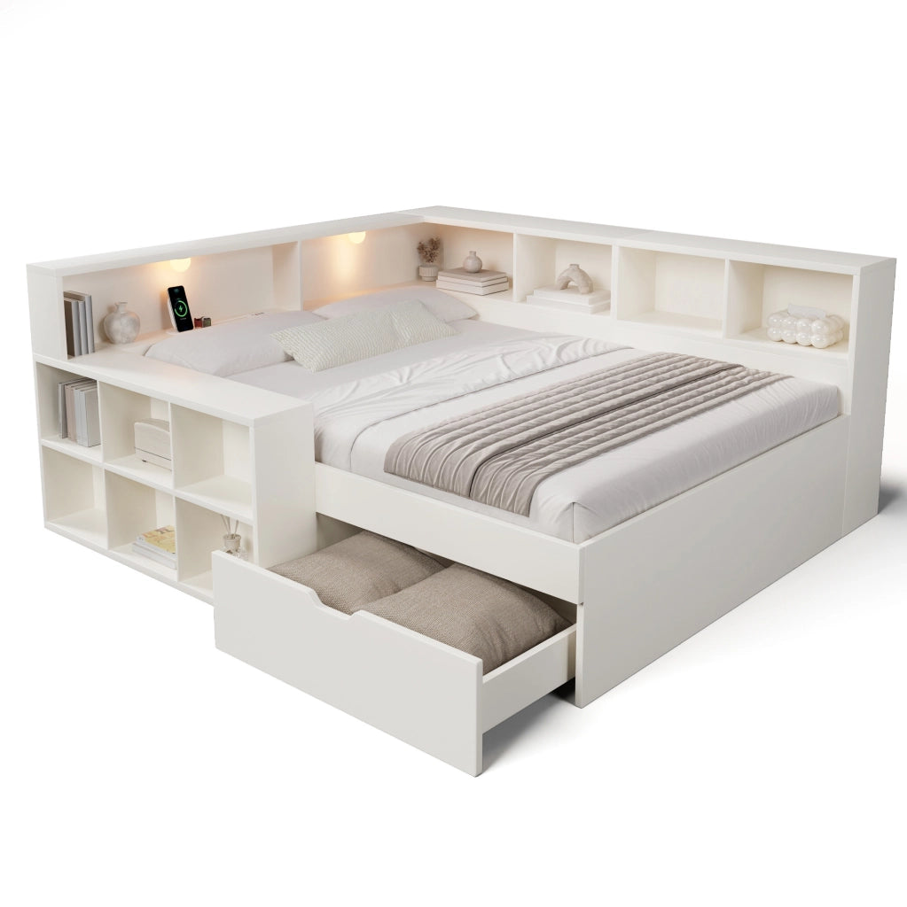 Letto matrimoniale 140x190 cm con cassetti; USB e luci integrate; in truciolare; MDF e compensato; bianco