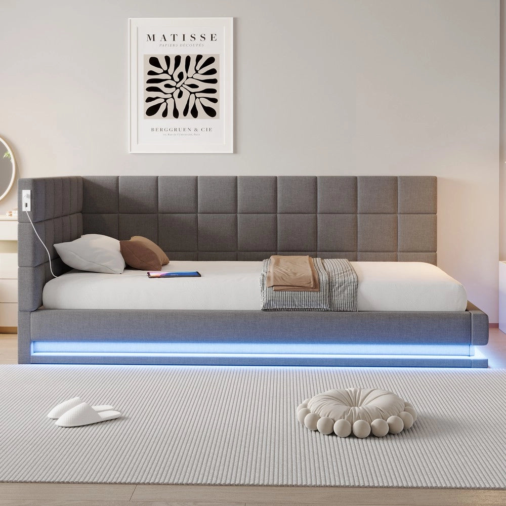 Letto Imbottito con LED e Rete a Doghe ¨C MINIMAL ¨C Tessuto Grigio 90x200