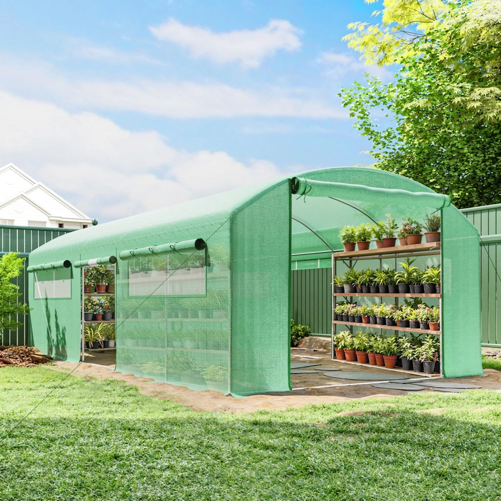 Serra Tunnel 6x3x2 m ¨C Minimal ¨C Verde, Acciaio Galvanizzato, 3 Porte Arrotolabili, 6 Finestre a Reticolo