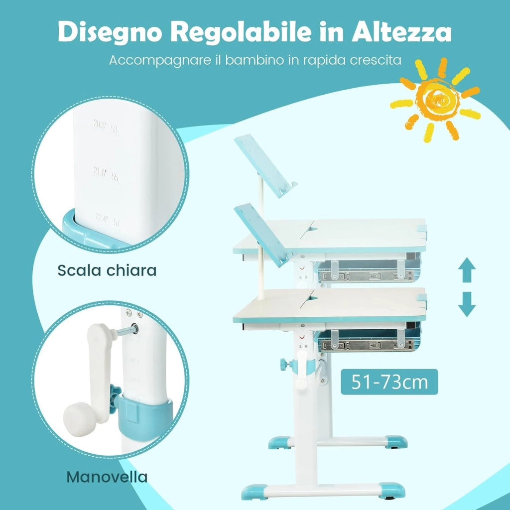 Scrivania per Bambini, Tavolo per Studenti con Regolabile in Altezza, con Piano Ribaltabile, Libreria, Cassetti e Righello di Misurazione, Ergonomica, Ideale per Bambini 3-12 Anni (Blue)