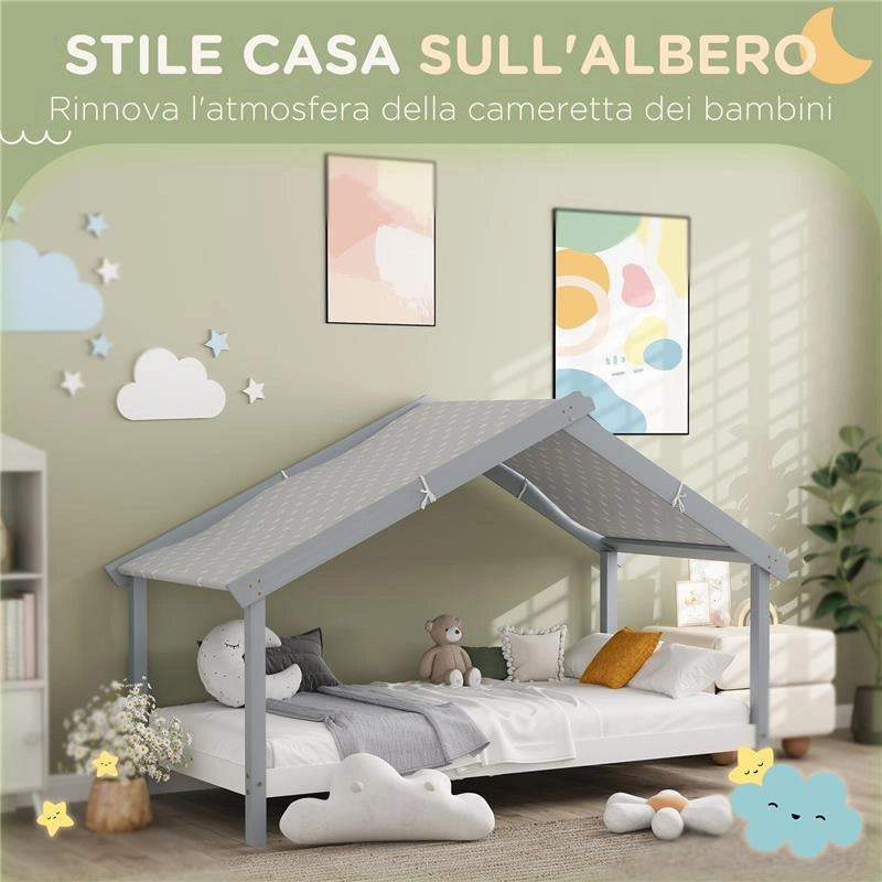 LETTO A CASETTA IN LEGNO DI PINO A 15 DOGHE CON TETTO STELLATO IN TESSUTO 213X100X140 CM GRIGIO