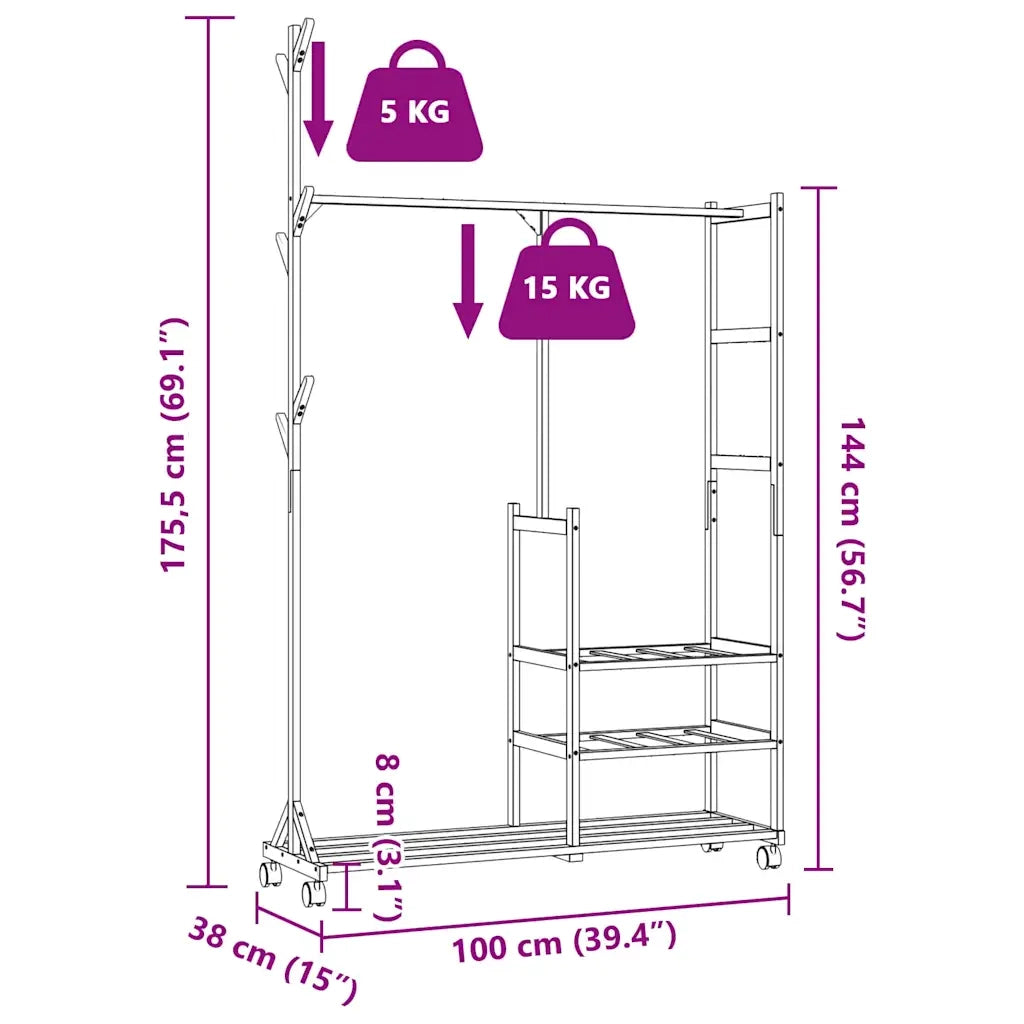 Appendiabiti con Ripiani e Ruote 100x38x175,5 cm in Bamb¨´ CFW5830609