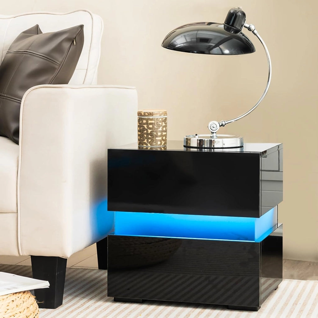 Comodino con Illuminazione a LED, 45 x 35 x 45 cm, Comodino con 2 Cassetti, LED con 22 Modalità Dinamiche, 5 Livelli di Luminosità e Telecomando (1, Nero)