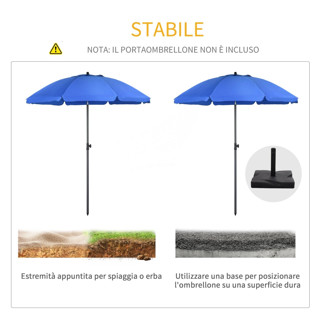 Ombrellone da Giardino Ø180x209H cm Spiaggia Reclinazione a 45° e 8 Stecche Blu