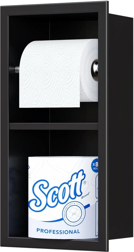 Houder per rotoli di carta igienica nascosto, cassa da bagno in acciaio inossidabile con pannelli e supporto per gambe, fissato alla parete per la stanza da bagno, colore nero