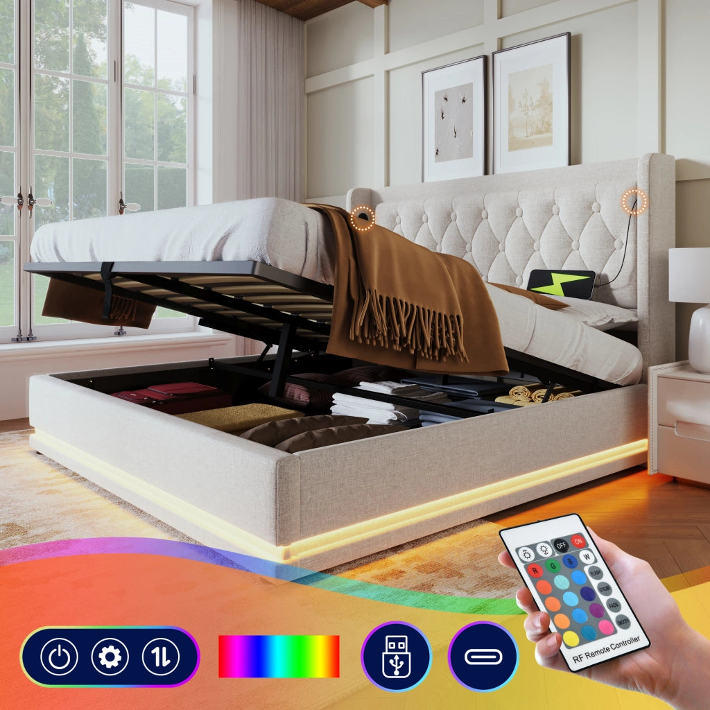OKWISH Letto Contenitore 160×200 cm, Letto Matrimoniale con USB, Tipo C, LED Regolabile e Testiera Imbottita, senza Materasso, Cotone, Beige