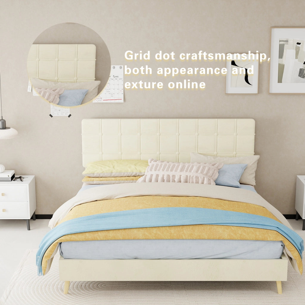 Letto matrimoniale 160 × 200 cm con testiera trapuntata, gambe in legno, senza materasso, beige