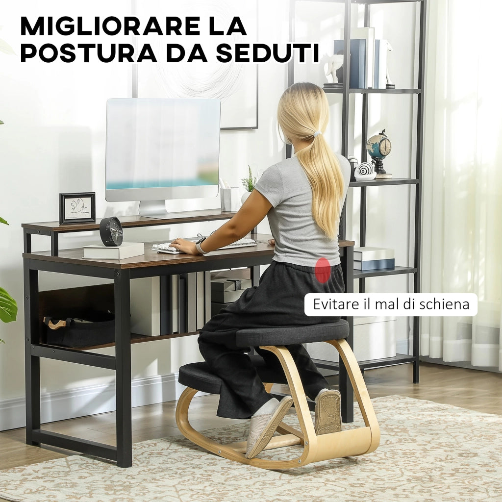 Sedia Inginocchiatoio con Movimento a Dondolo, in Tessuto Effetto Lino e Legno di Betulla, 50x73x55 cm, Nero