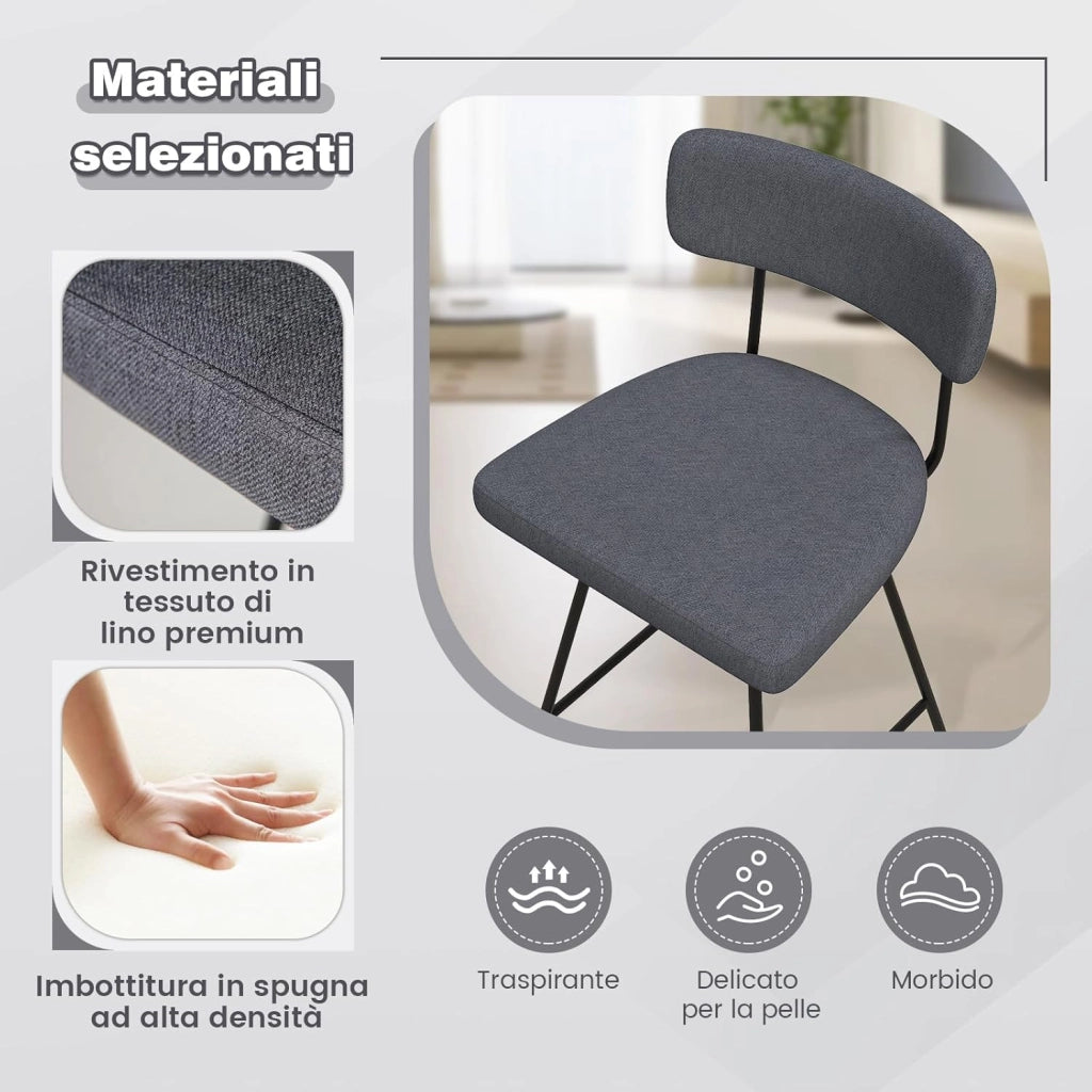 Set di 2 Sgabelli da Bar Girevoli a 360°, Sgabelli da Cucina con Schienale, Poggiapiedi, Sedia Alta Moderna Imbottita Struttura in Metallo, Altezza 90,5 cm, Capacità di 150 kg (Grigio)