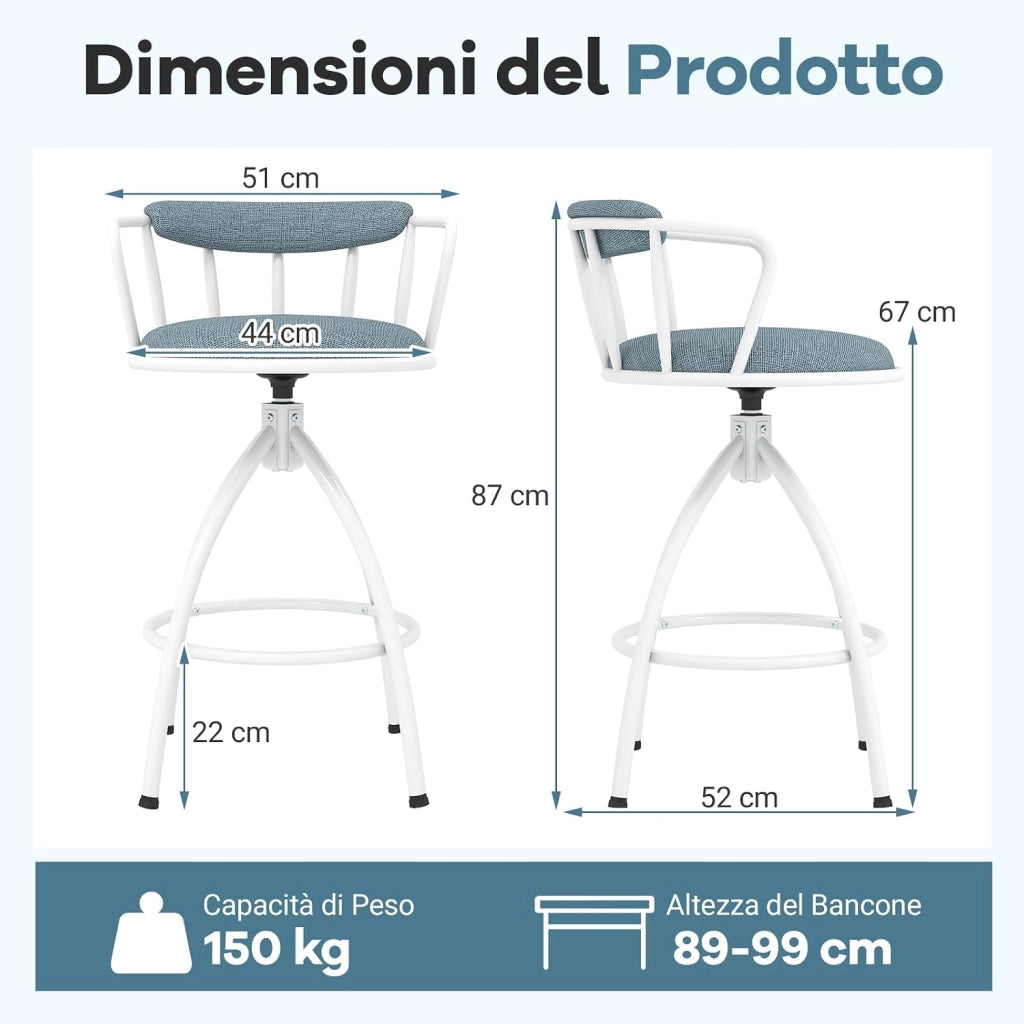 Set di 2 Sgabelli da Bar, Sgabelli Imbottiti con Schienale, Poggiapiedi e Struttura in Metallo, Portata 150 kg, Sedie Moderne per Isola da Cucina, Bar di Casa e Sala da Pranzo