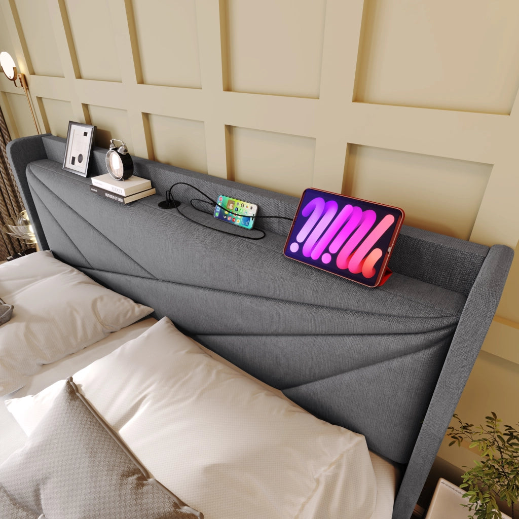 OKWISH Letto contenitore 160×200 cm, Letto Matrimoniale con Porte USB, Tipo C e Testiera Geometrica, senza Materasso, in Lino Cotone, Grigio