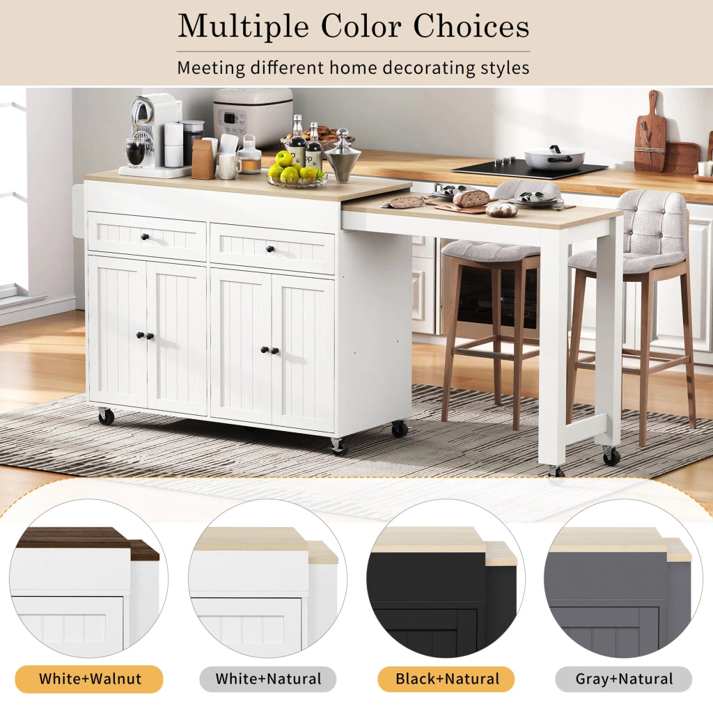 Carrello da Cucina con Cassetti e Piano Estensibile con Ruote per Cucina e Sala da Pranzo in MDF 112-180.5x45x92.2 cm Bianco e Naturale