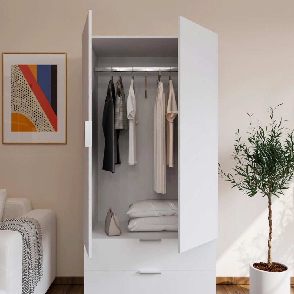 Armadio Multiuso Per Camera Da Letto Con Appendiabiti 2 Ante Maniglie In Metallo E 2 Cassetti Ideale Per Arredare La Tua Stanza 180 X 81 X 52 Cm Bianco