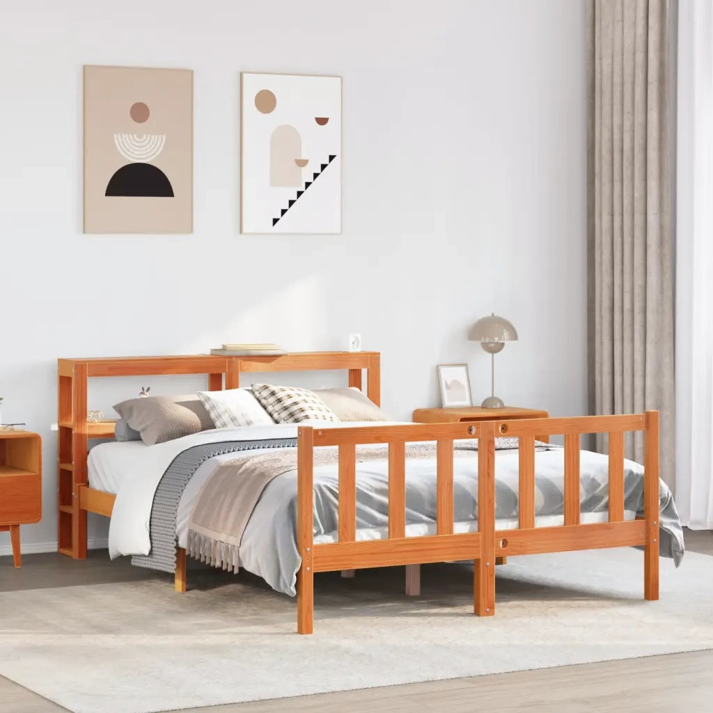 Giroletto con Testiera-Struttura Letto con testiera Marrone Cera 135x190 cm Massello Pino 499141