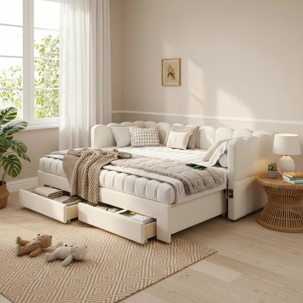 Divano letto con letto estraibile e cassetti, 90x190 cm, lino beige