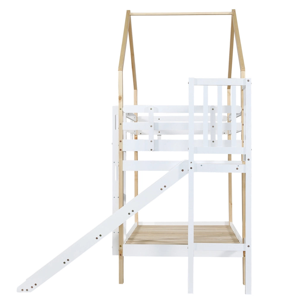 Letto a castello 90x200 cm con scivolo e scala in legno e MDF bianco