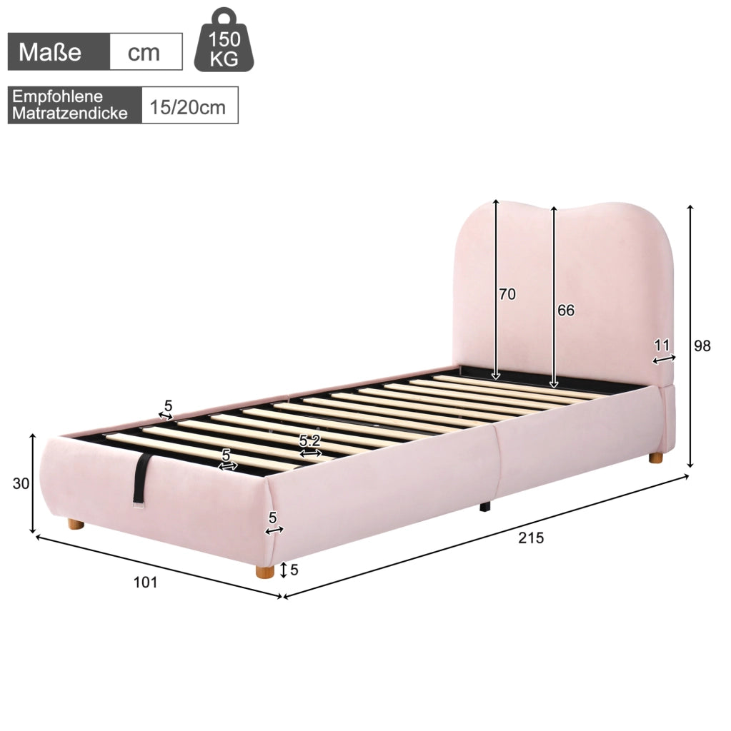 Letto imbottito con contenitore in velluto rosa