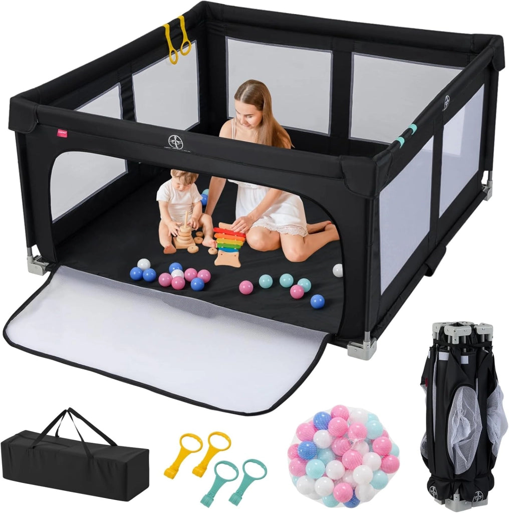 Box per Bambini 150 x 150 cm, Recinto per Neonati Pieghevole in Tessuto Oxford con Rete Traspirante, Centro Attività con 50 Palline, 4 Pezzi Anelli e Borsa (Nero, 150 x 150 cm)