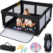 Box per Bambini 150 x 150 cm, Recinto per Neonati Pieghevole in Tessuto Oxford con Rete Traspirante, Centro Attività con 50 Palline, 4 Pezzi Anelli e Borsa (Nero, 150 x 150 cm)