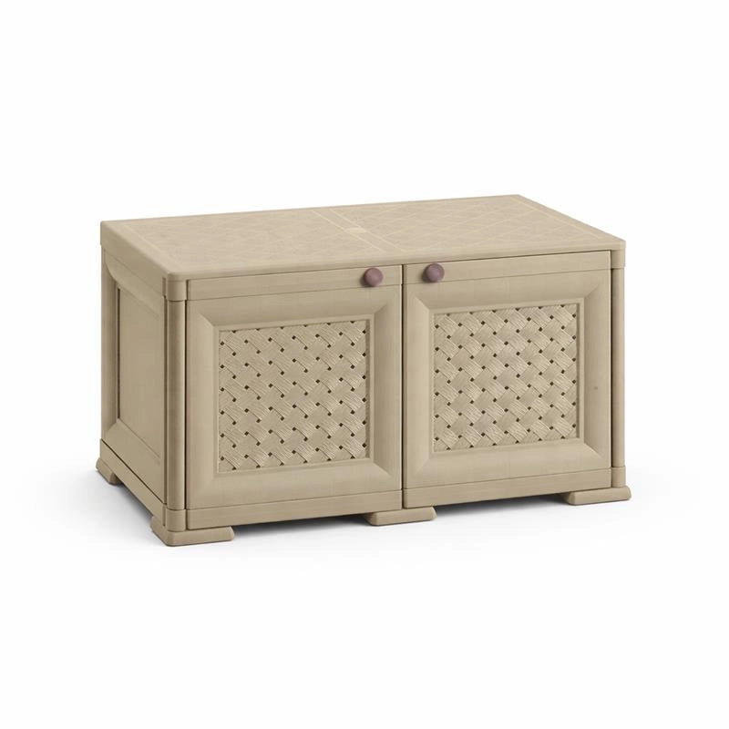 ARMADIO BASSO 79X43X46 CM CON ANTA TRAFORATA, MOBILE TV E CONTENITORE IN PLASTICA PER INTERNO ED ESTERNO COPERTO