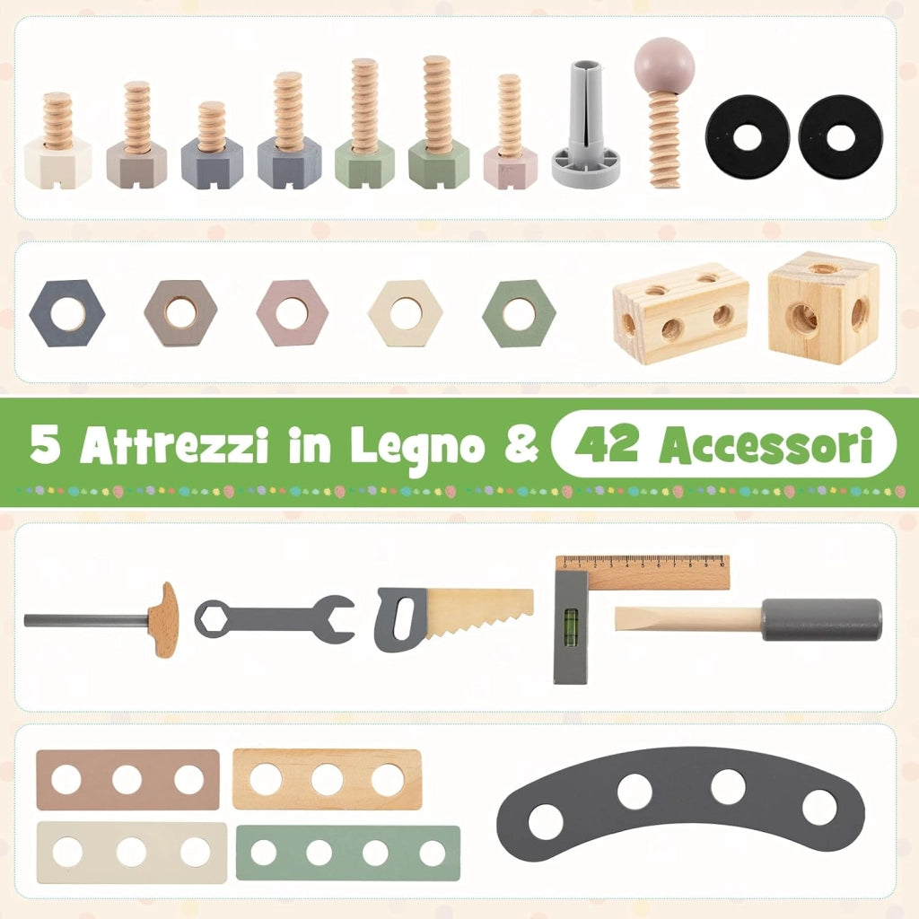 Banco da Lavoro in Legno per Bambini, Carrello 2 in 1 con Accessori Realistici, Maniglia Portatile, Cappottina Superiore e Porta Attrezzi, Tavolo da Lavoro Giocattolo Officina 3+ Anni