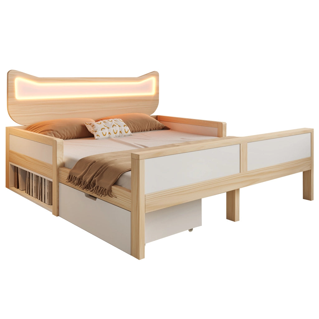 Letto matrimoniale 140x200 cm con testiera a forma di gatto, LED RGB, cassetto e contenitore, bianco e rovere
