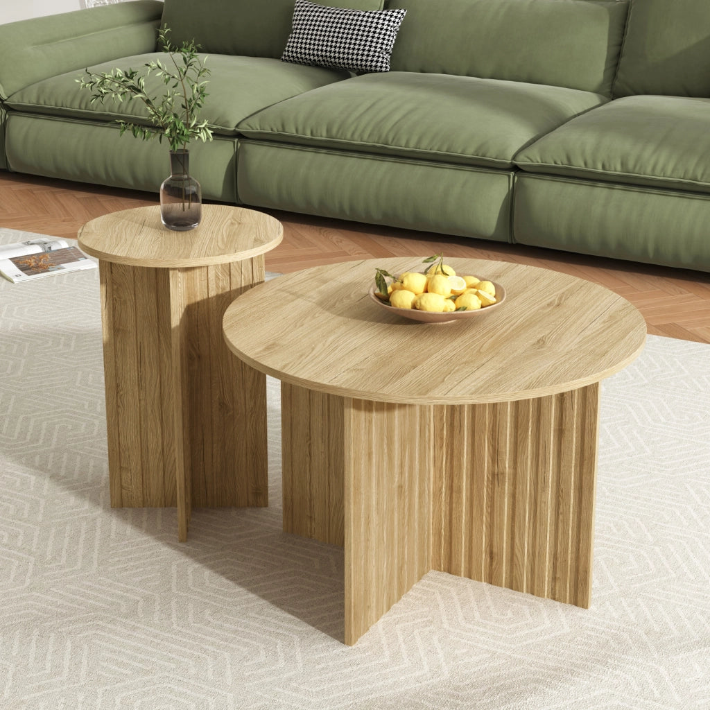 OKWISH Tavolini da Salotto Impilabili Rotondi, Set da 2 con Design Salvaspazio, per Soggiorno, in MDF e Pannelli di Particelle, Naturale