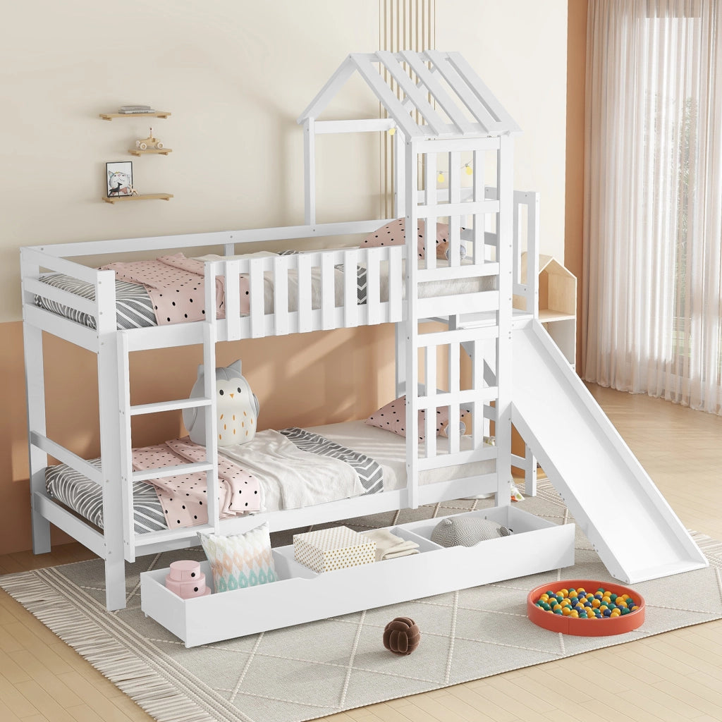 Letto a castello per bambini 90 × 200 cm con grande cassetto con ruote, scivolo, senza materasso, bianco