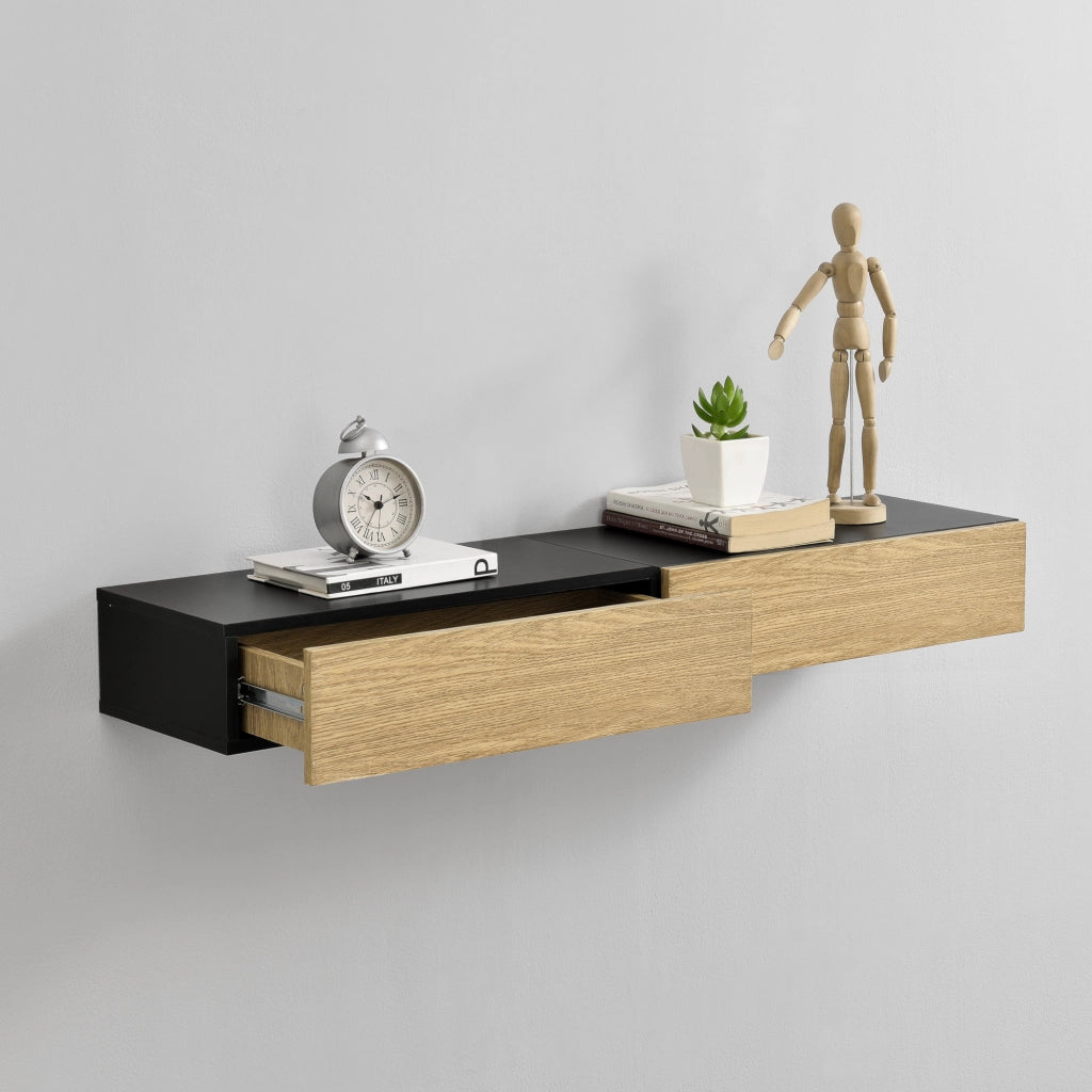 Set di 2 Mensole da Parete con Cassetto Integrato 50x24x12 cm - Nero / Effetto Legno [en.casa]