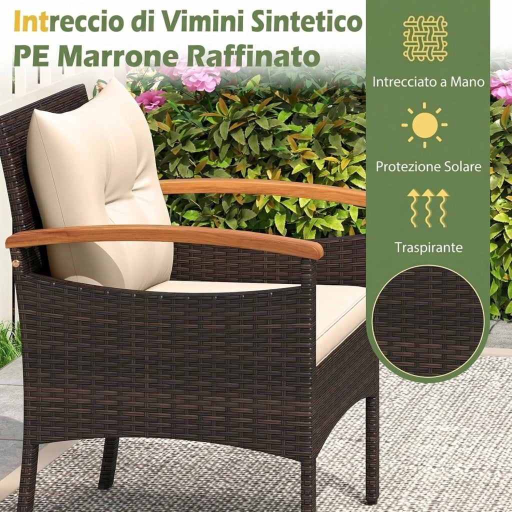 Salotto da Giardino in Rattan PE, Salottino da Esterno 3 Pz, 2 Poltrone con Braccioli e Schienale, 1 Tavolino con Piano in Legno Massello, per Terrazzo, Balcone, Patio (Marrone+Beige)