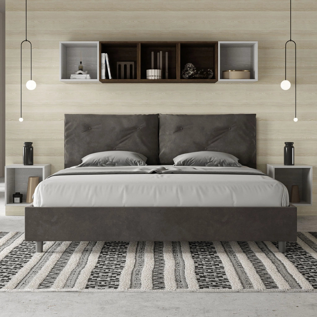 BS COM Letto matrimoniale king size con rete imbottito 190x190 microfibra grigio Large