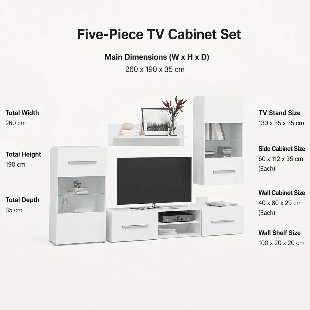 Five-piece Wall Unit TV Cabinet With LED Lighting White