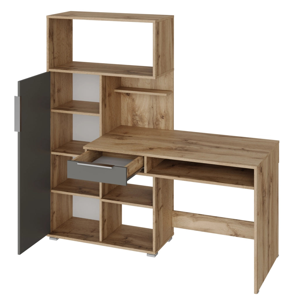 Scrivania KLEPP - Capiente - Cassetto - Quercia Wotan - Grigio - Larghezza 150 cm, Altezza 149 cm, Profondit? 92 cm