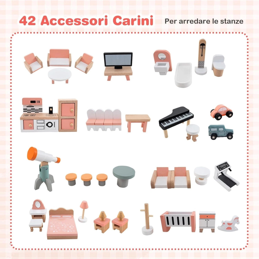 Casa delle Bambole in Legno, Casetta delle Bambole a 3 Piani con 41 Mobili e Accessori, Giocattolo per Bambini 3+ Anni,107 x 82,5 x 94,5 cm (Rosa)